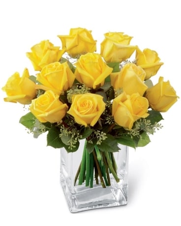 Yellow Roses in a low modern cube Flower Arrangement