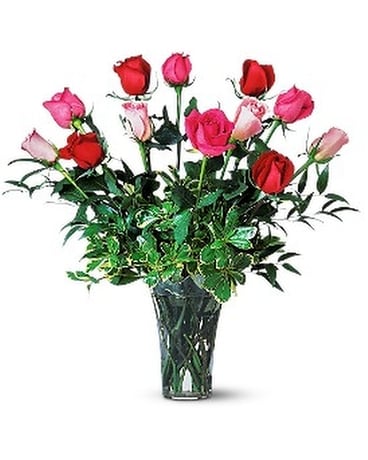 A Dozen Multi-Colored Roses Flower Arrangement