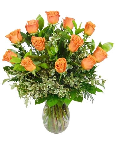 Dozen Orange Roses Deluxe Flower Arrangement