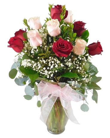 Premium Dozen Light Pink & Red Roses Flower Arrangement