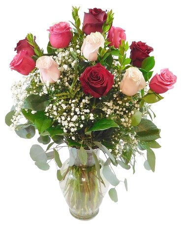 Premium Dozen Light Pink, Red & Hot Pink Roses Flower Arrangement