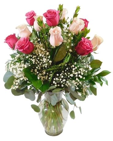 Premium Dozen Hot Pink & Light Pink Roses Flower Arrangement