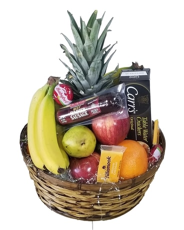 Fruit & Gourmet Basket Flower Arrangement