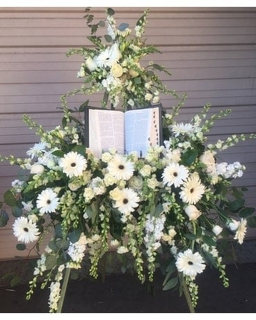 Bible Urn/Easle of White Flower Arrangement