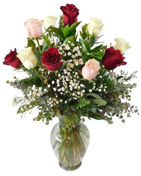 Premium Dozen Light Pink, Red & White Roses Flower Arrangement