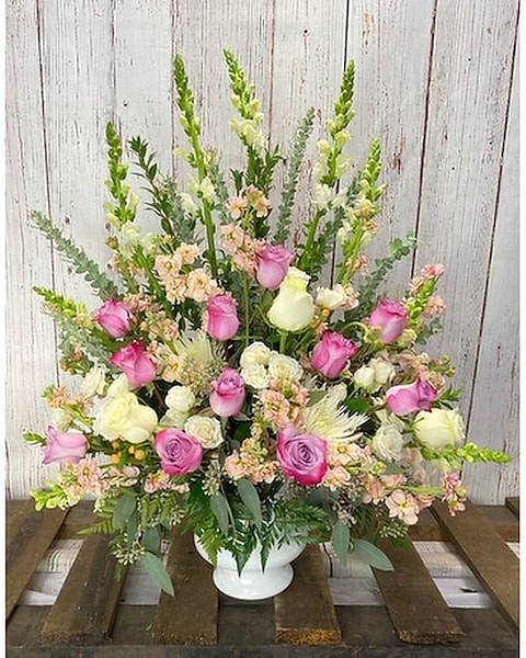 Purple, Pink, and White Urn Flower Arrangement