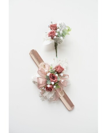 Mauve and Rose Gold Corsage and Boutonniere Set Flower Arrangement