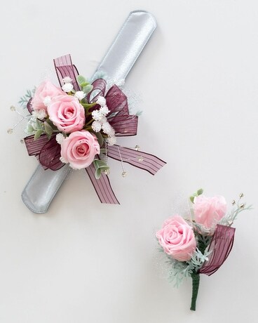 Blush and Burgundy Corsage and Boutonniere Set Flower Arrangement