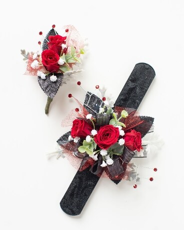 Red and Black Corsage and Boutonniere Set Flower Arrangement