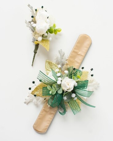 Emerald and White Corsage and Boutonniere Set Flower Arrangement