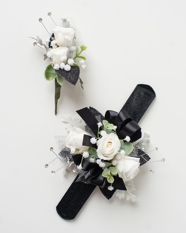 Black and White Corsage and Boutonniere Set Flower Arrangement