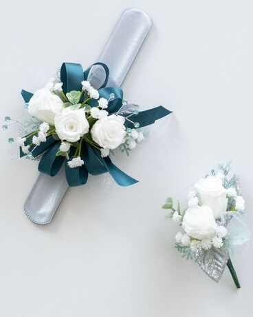 Teal and White Corsage and Boutonniere Set Flower Arrangement