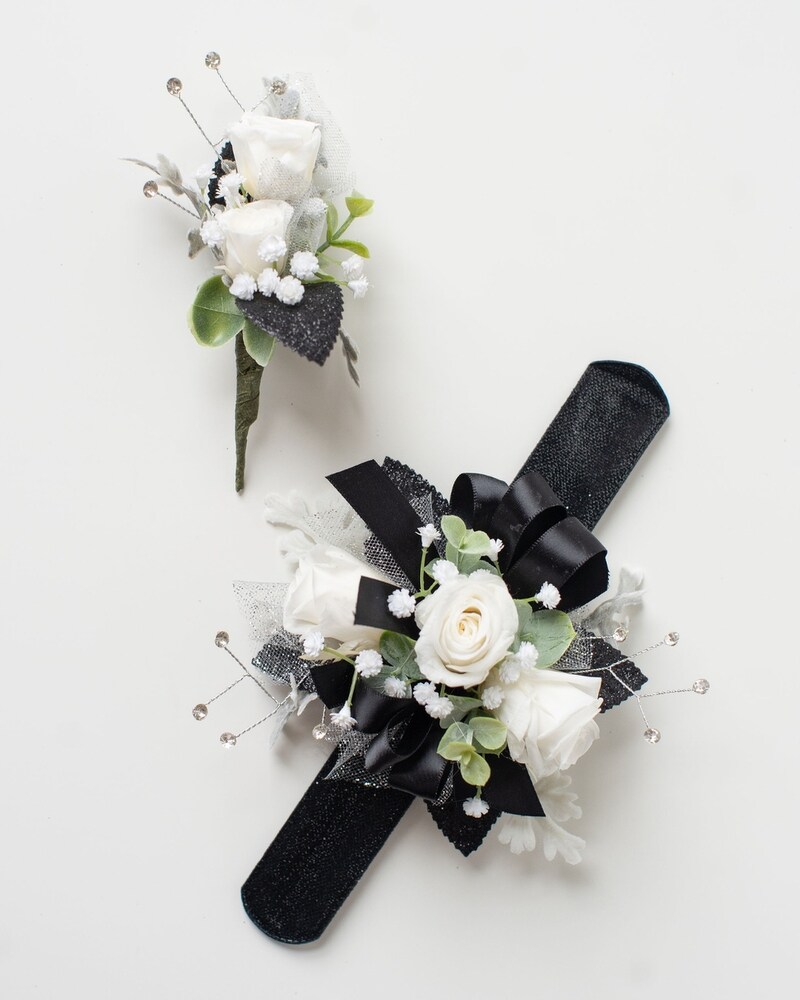 White and Black Corsage and Boutonniere in Piqua OH White and Black Corsage and Boutonniere in Piqua OH