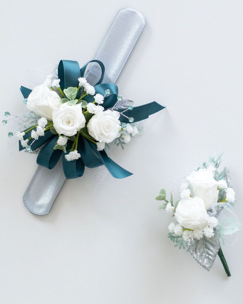 Teal and White Corsage and Boutonniere in Piqua OH Teal and White Corsage and Boutonniere in Piqua OH