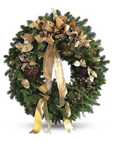 Golden Evergreen Wreath Flower Arrangement
