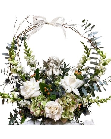 (green and white) Arrangement with Statue Funeral Arrangement