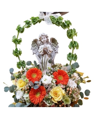(orange and yellow) Basket Arrangement with Statue Funeral Arrangement
