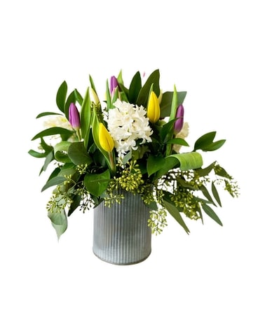 Adrienne's Springtime Tin Flower Arrangement