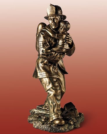 Firefighter With Boy Flower Arrangement