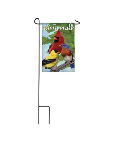 Bienvenue Garden Flag - Birds Flower Arrangement