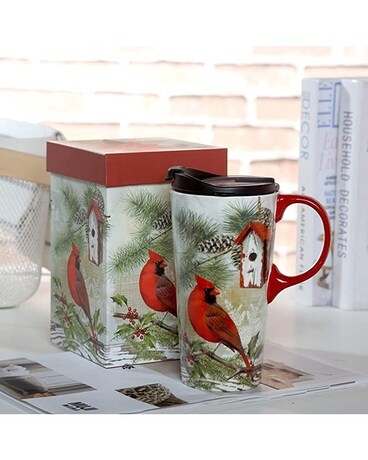 Red Cardinal with Holly Pine Cup Flower Arrangement