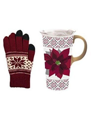Poinsettia Travel Cup and Gloves Flower Arrangement