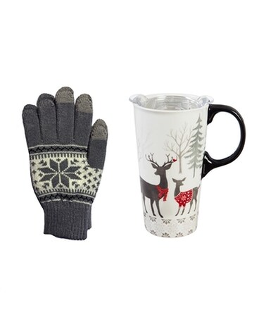 Deer Travel Cup and Gloves Flower Arrangement