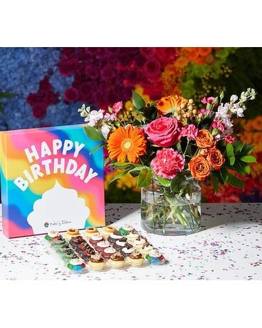 Baked by Melissa Let's Get Loud Birthday Bundle Flower Arrangement
