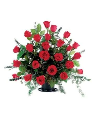 Blooming Red Roses Basket Flower Arrangement