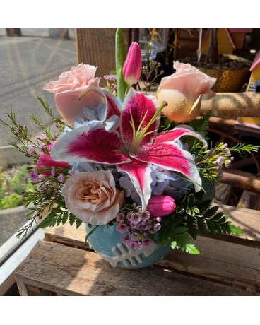 Cat Treat Jar with lid and flowers