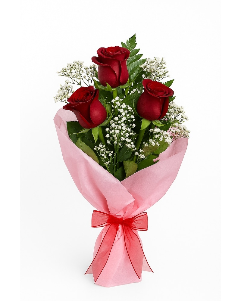 3 Red Roses Wrapped with Baby's Breath