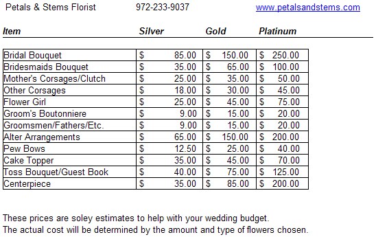pricelist for wedding services