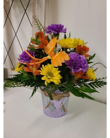 Sweet Hummingbird Purple Flower Arrangement
