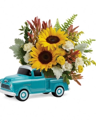 Teleflora's Chevy Pickup with Sunflowers Flower Arrangement