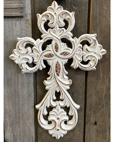 White Scroll Cross Flower Arrangement