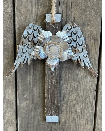 Wood/tin wing cross Flower Arrangement