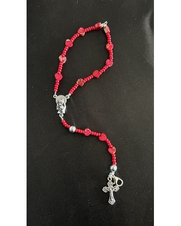 Red Heart Rosary Bracelet Flower Arrangement