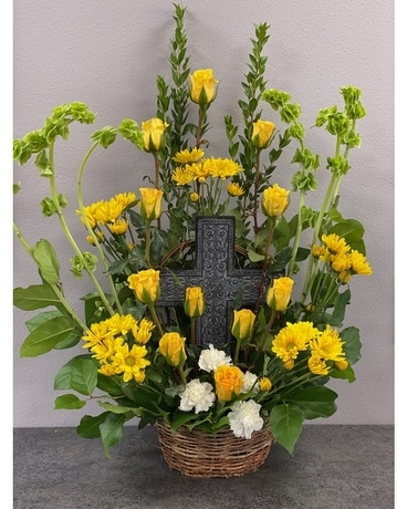 Sympathy With Cross Flower Arrangement