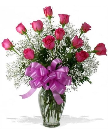 Classic One Dozen Hot Pink Roses Flower Arrangement