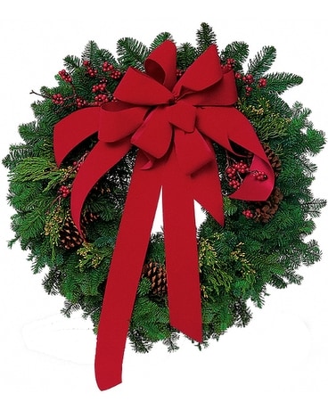 Wreath with Red Velvet Bow Flower Arrangement
