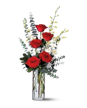 Red Roses and White Orchids Flower Arrangement