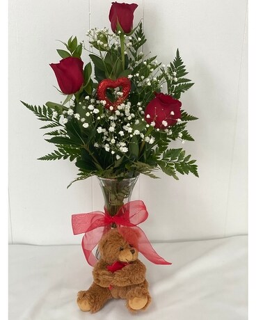 Red Rose Budvase with Bear Flower Arrangement