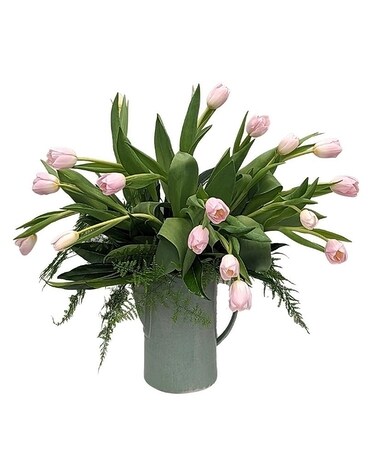Light Pink Tulips in Pitcher Flower Arrangement