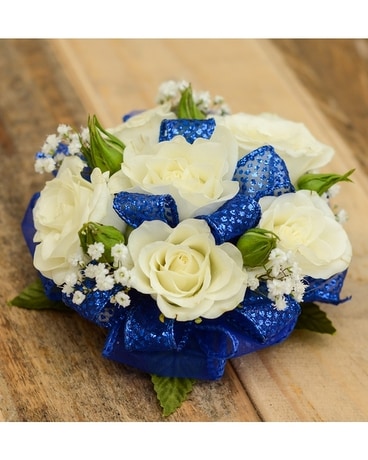 White Spray Rose Wristlett With Royal Blue Trim White Spray Rose Wristlett With Royal Blue Trim