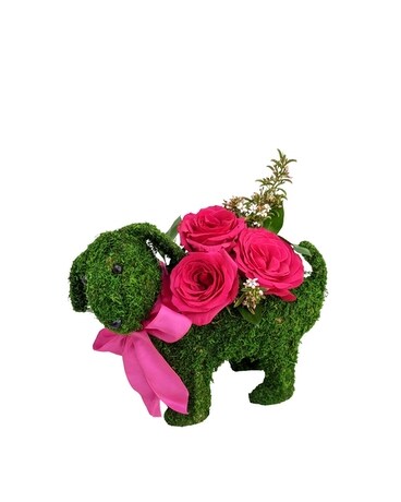 Mossy Puppy with Roses Flower Arrangement