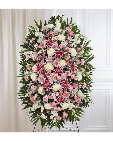 Sherwood's Pink & White Funeral Standing Spray Sympathy Arrangement