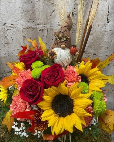 Sherwood's Gnome For The Holidays Center Piece Flower Arrangement