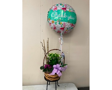 Flowering & Green Plant Basket (Deluxe w/ Balloon) Flower Arrangement
