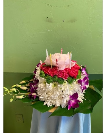 Tropical Birthday Cake Flower Arrangement