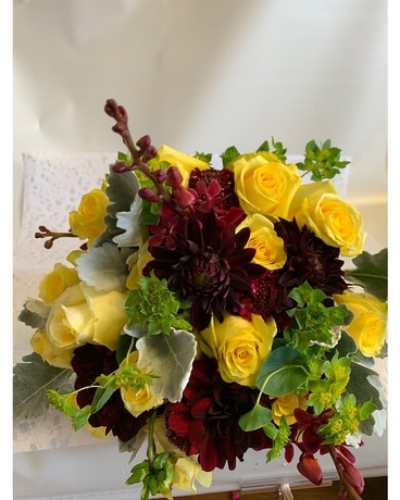 Golden Rose and Burgundy Bridal Bouquet Flower Arrangement